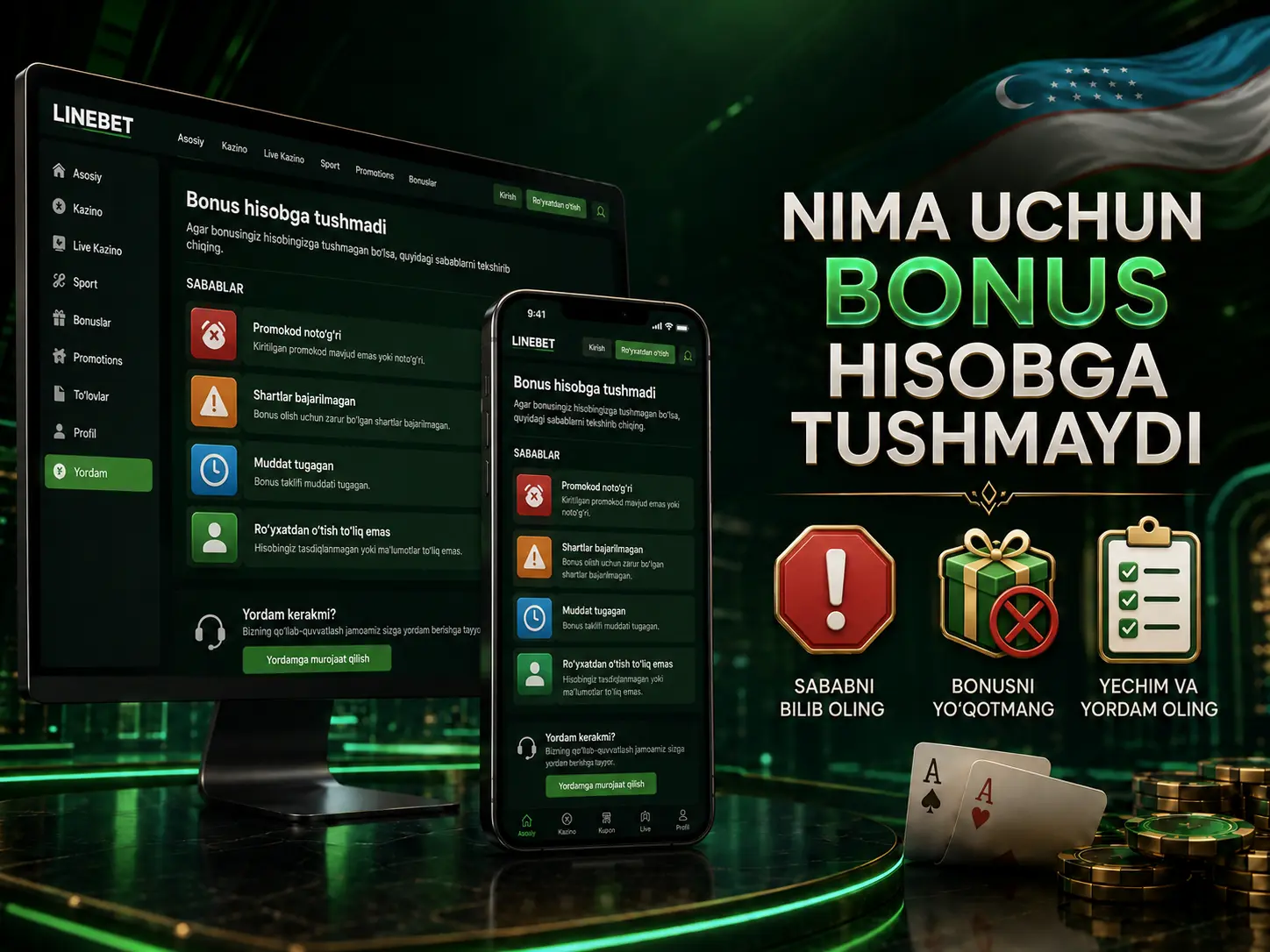 LineBet bonus tushmaslik sabablari